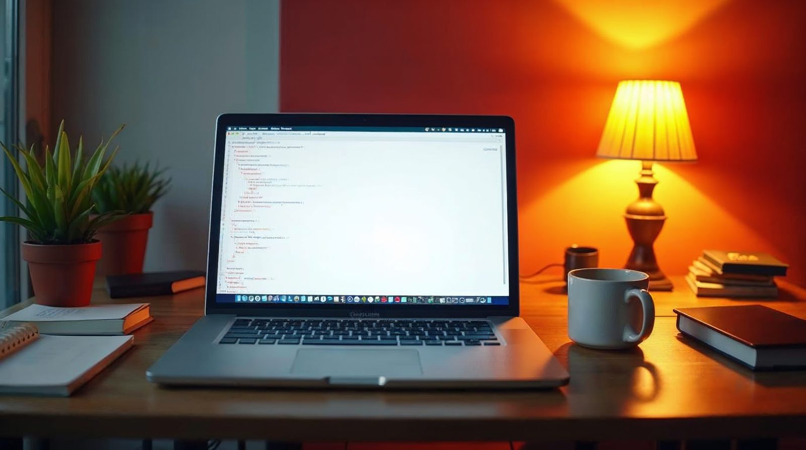 Laptop on a desk showing a simple web page being written in a text editor beside a coffee mug