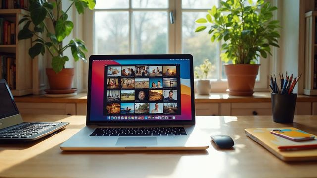 Laptop screen showing a grid of picture thumbnails with one being removed from a media library
