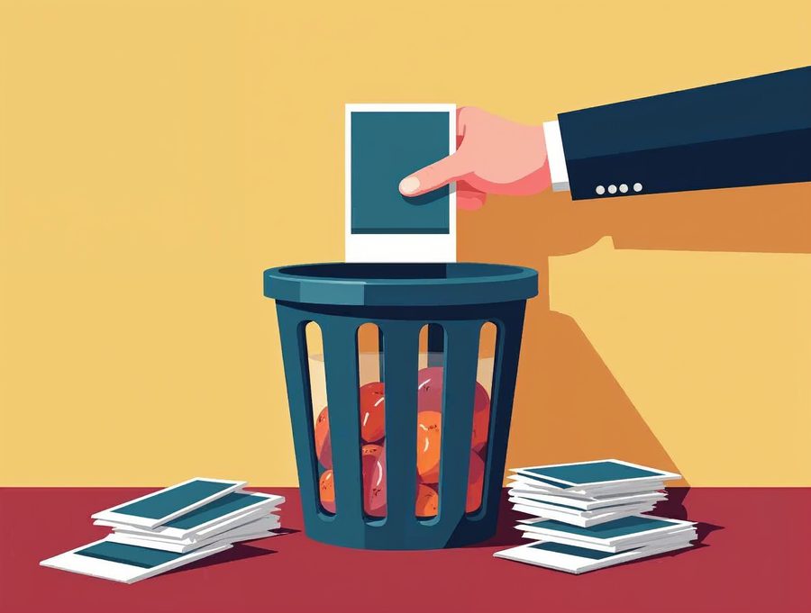 A hand holding a photo above a wastebasket beside neat stacks of photos, showing careful deleting of files