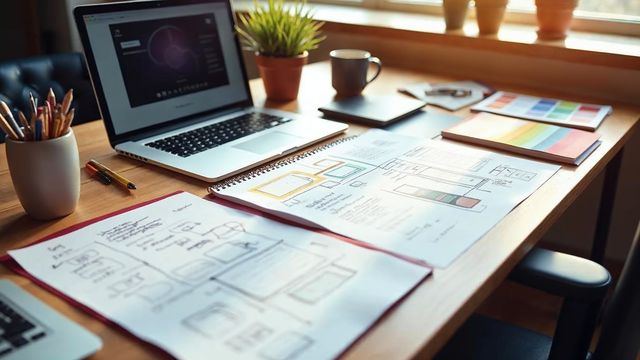 A designer's desk with paper wireframes, color swatches and a laptop showing a simple web page layout