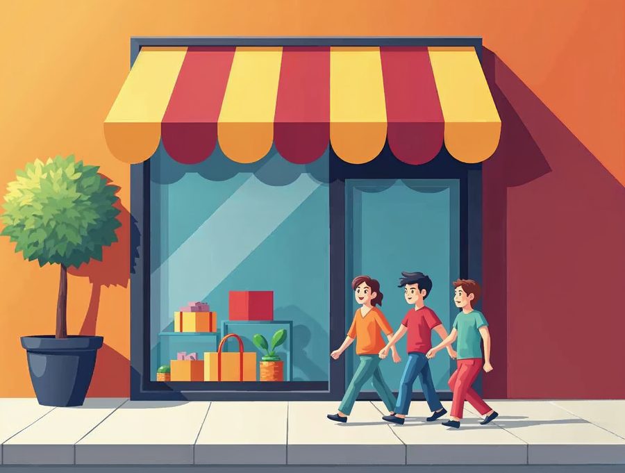Illustration of a storefront whose window is a laptop screen with visitors walking toward the door