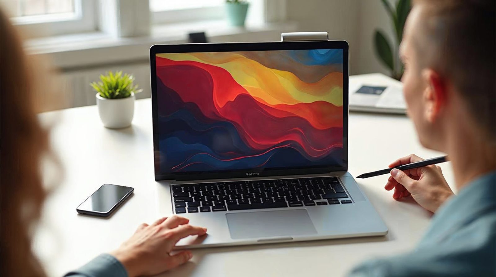 Laptop on a bright desk showing a photo with a crop frame while a hand holds a stylus beside it