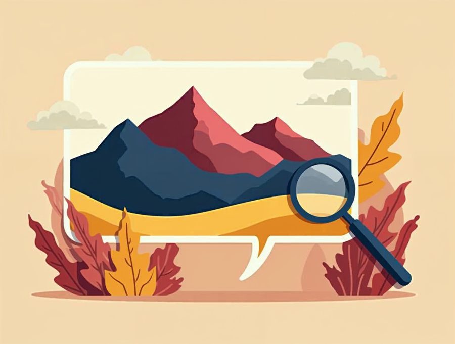 Illustration of a speech bubble describing a mountain picture, showing the idea of alt text for an image