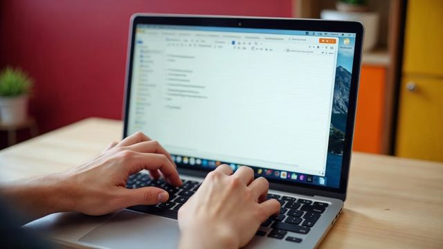 Hands typing on a laptop that shows a clean white text editor with a toolbar of small icons above the writing area