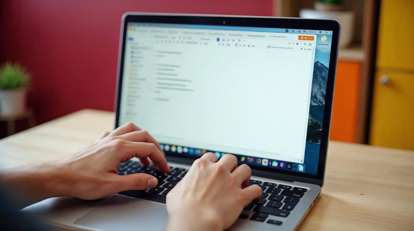 Hands typing on a laptop that shows a clean white text editor with a toolbar of small icons above the writing area