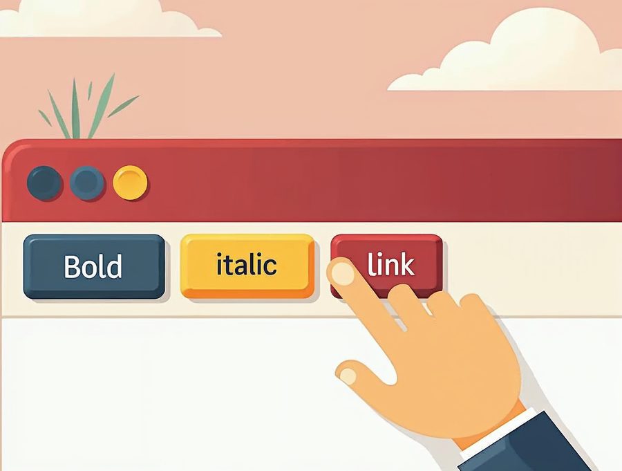 A flat illustration of an editor toolbar with bold, italic and link buttons, and a hand pointing at the bold button