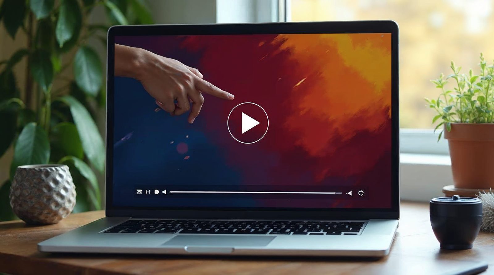 Laptop screen showing a website page with a large video play button while a hand points at it