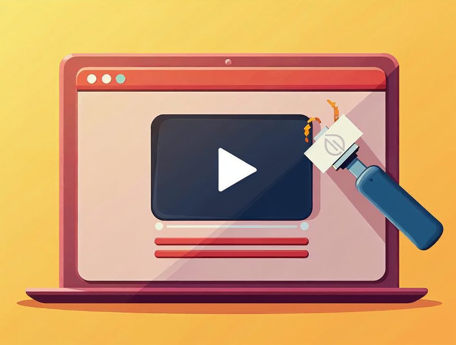Flat illustration of a web page with a video box and a link being pasted in from a clipboard