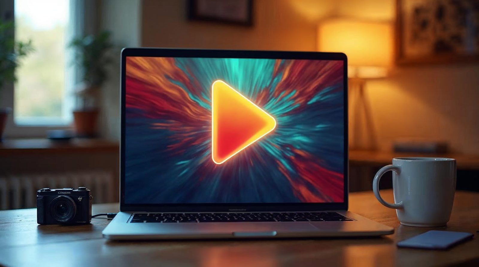 A laptop on a desk with a large play button on screen, showing a video added to a WordPress website
