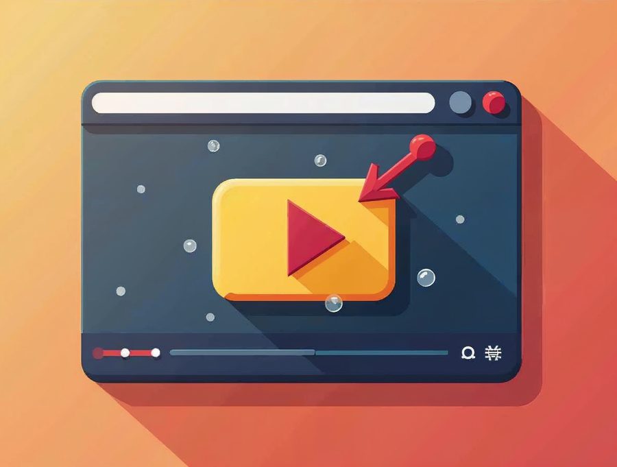 A browser window with a golden play button in a navy frame, showing an embedded video on a web page