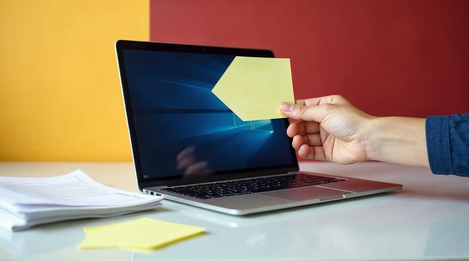 Laptop on a desk beside a stack of printed pages while a hand lifts a document toward the screen