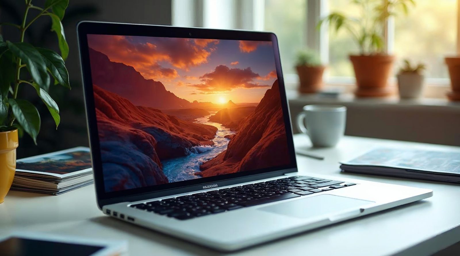 Laptop on a bright desk showing a landscape photo being enlarged with corner handles, with printed photos beside it
