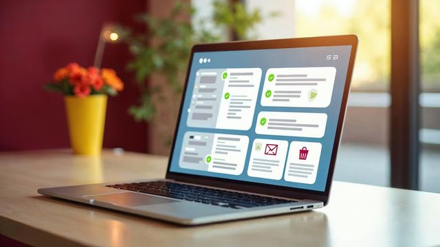 A laptop on a bright desk showing a list of message bubbles with green check marks and red trash icons