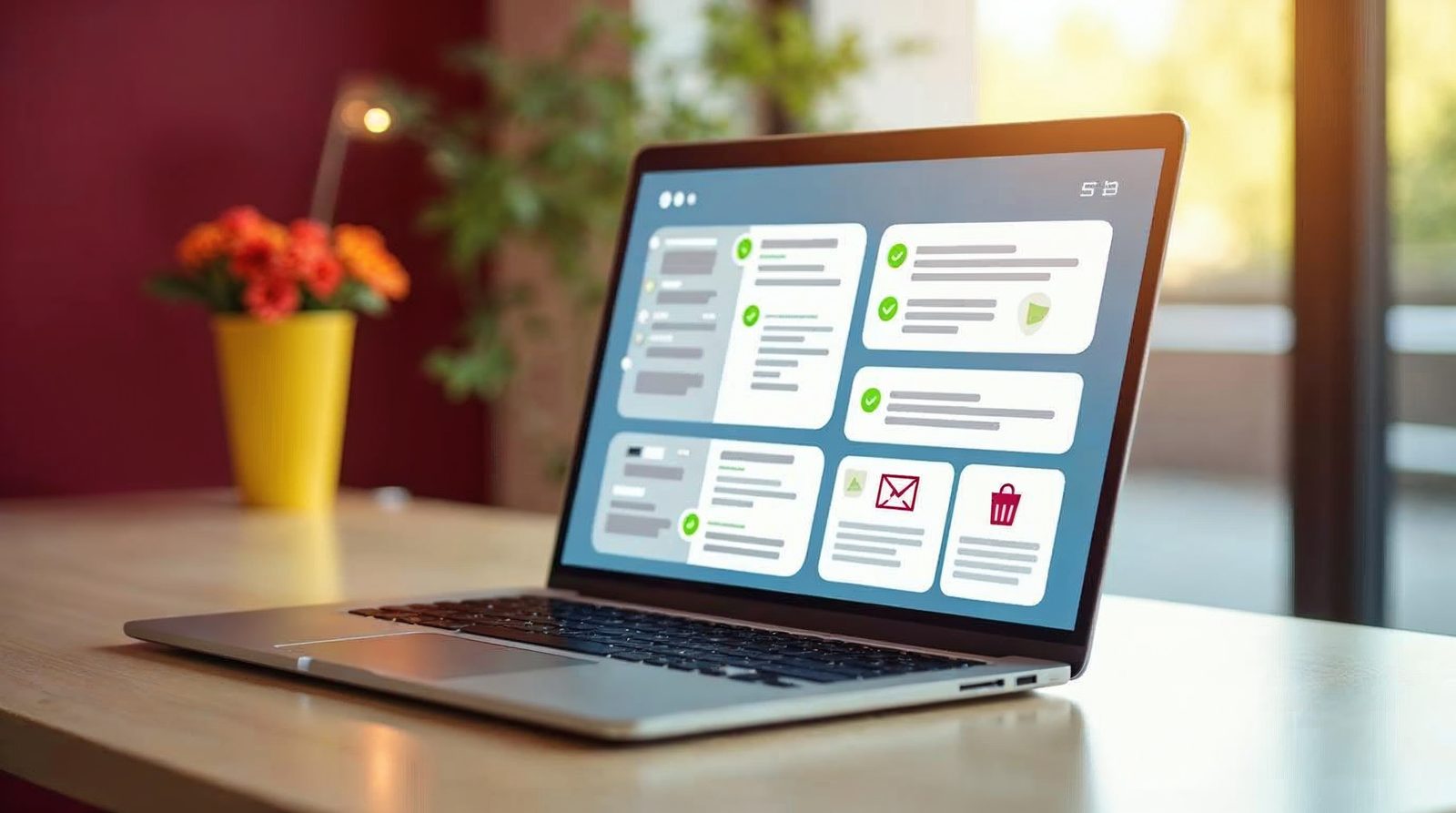 A laptop on a bright desk showing a list of message bubbles with green check marks and red trash icons