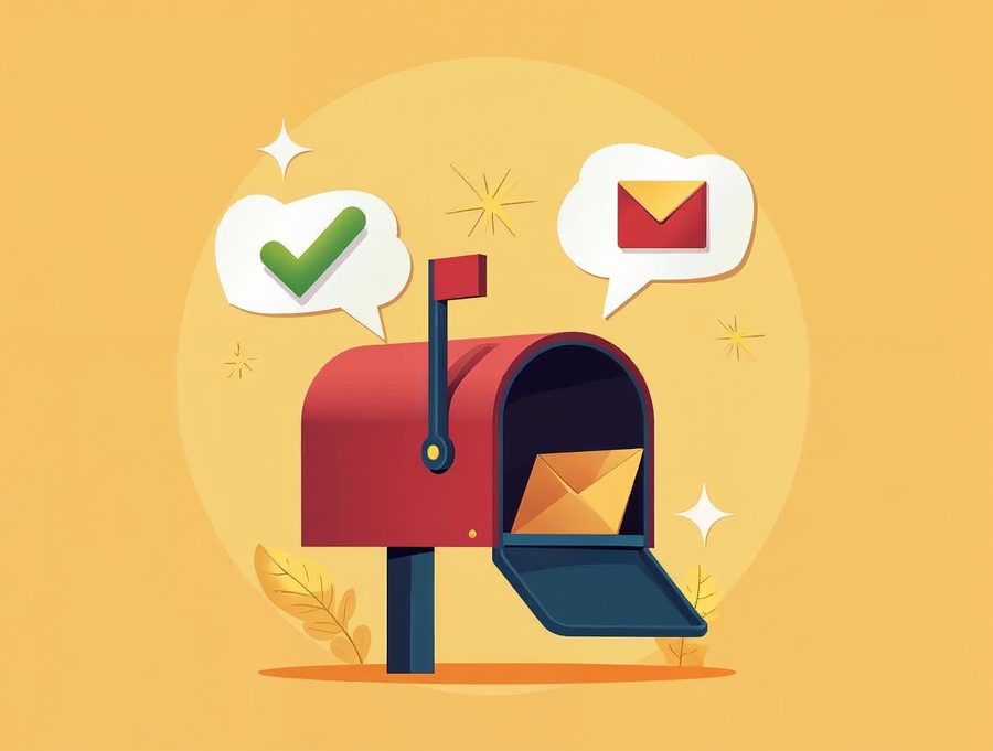Speech bubbles entering a mailbox, one approved with a green check mark and one sent to a red bin