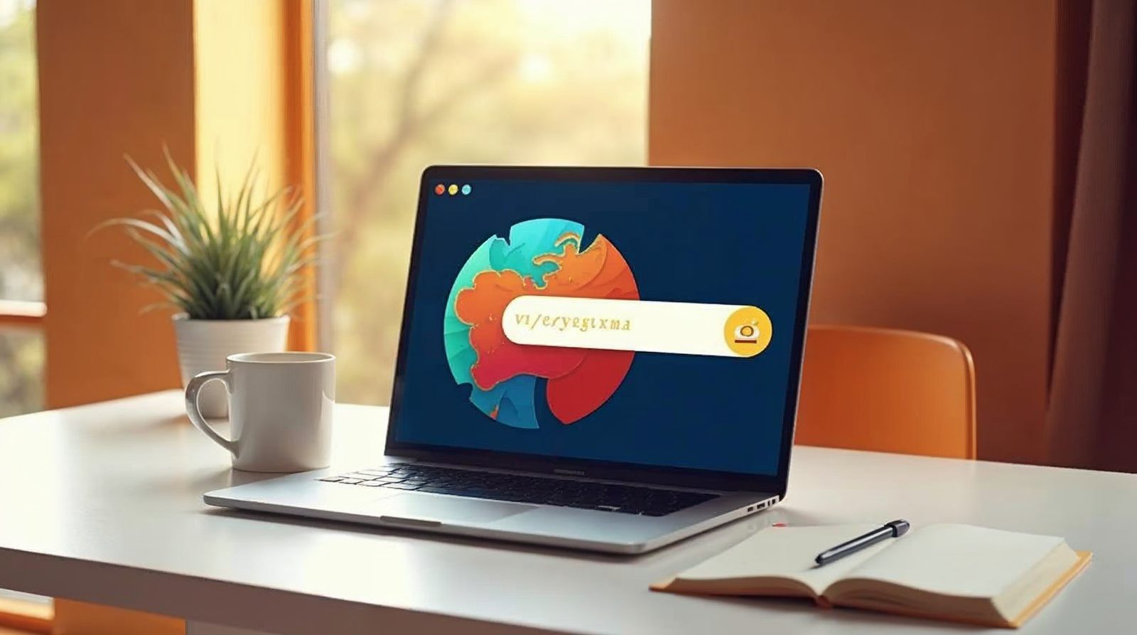 Laptop on a bright desk with an abstract browser address bar and globe, showing how you search for a domain name