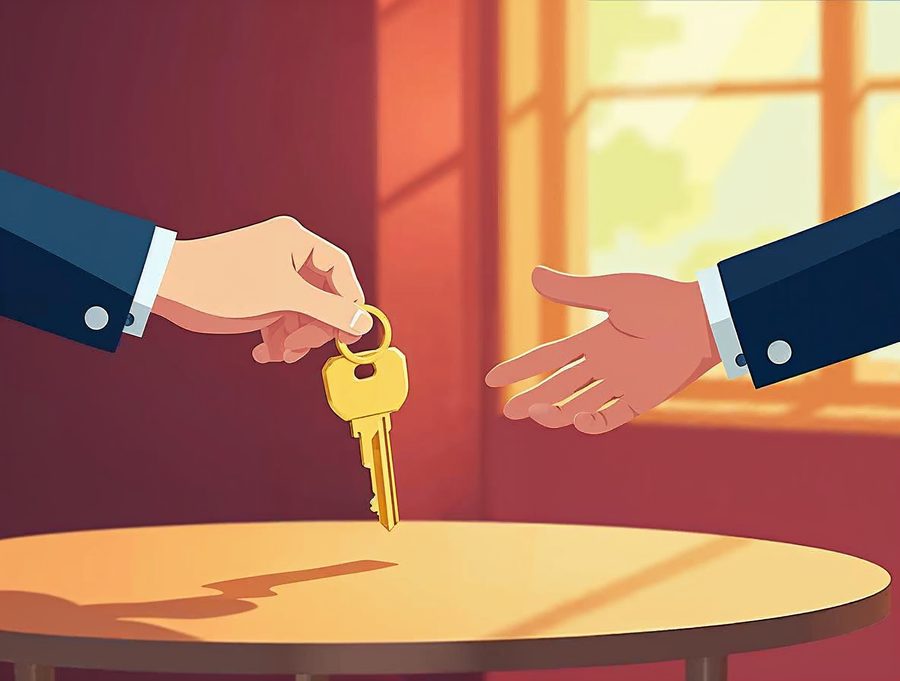 Illustration of a key passing from one hand to another, showing a domain name moving from one company to another
