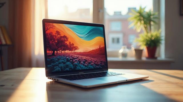 Laptop on a desk showing a blog post with a large landscape photo at the top as its main picture