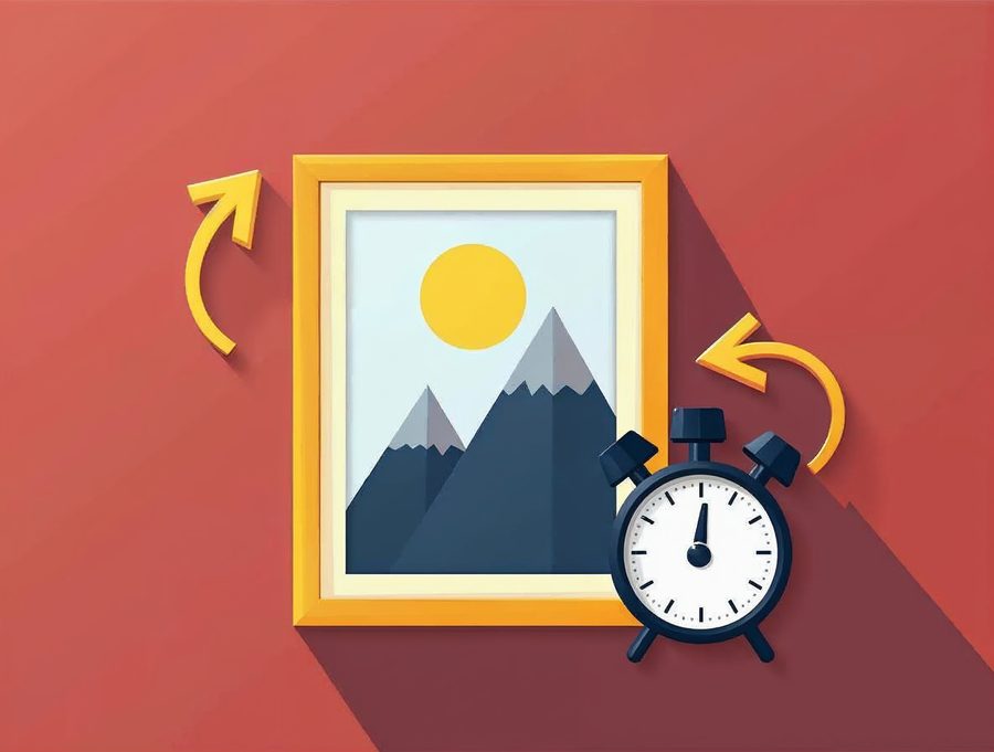 Picture frame with a mountain scene being resized next to a stopwatch, showing that smaller images load faster