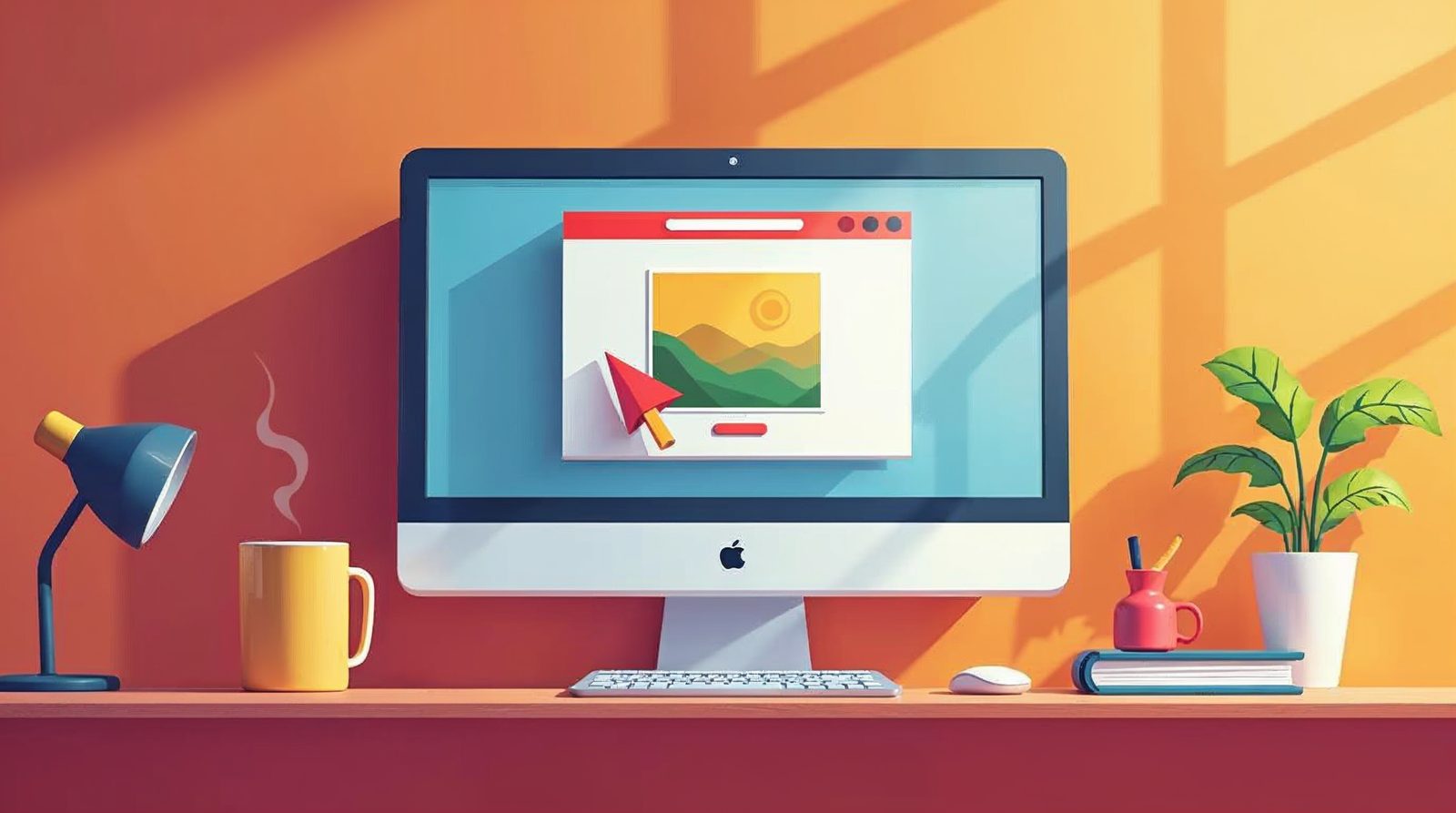 Illustration of a computer screen with a photo thumbnail being dragged onto a blank web page