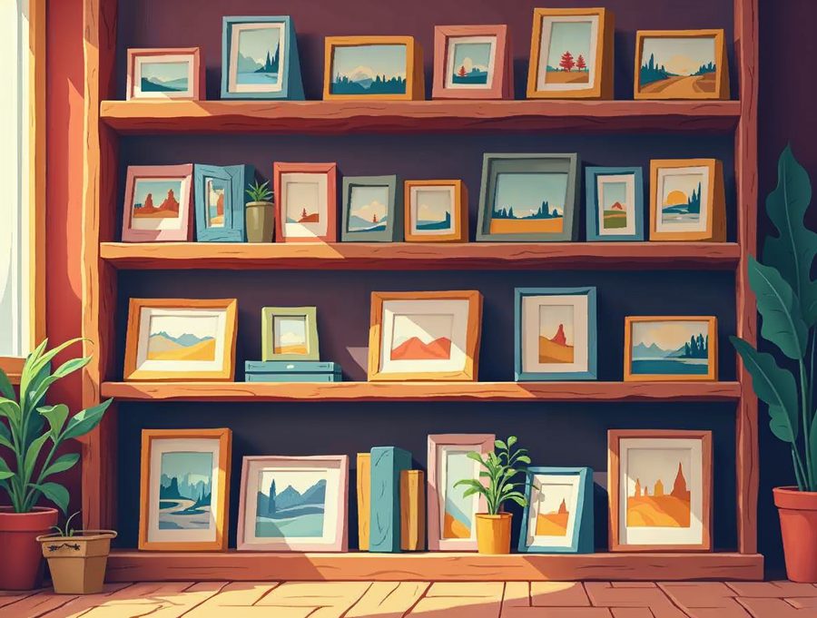 Illustration of a shelf of colorful picture frames showing landscapes, like a WordPress media library of saved images