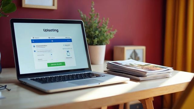 A laptop on a tidy desk showing an upload box with a blue progress bar, next to a small pile of printed photos