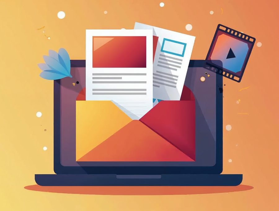 A flat illustration of a photo, a document and a video clip floating down into an open library folder on a screen
