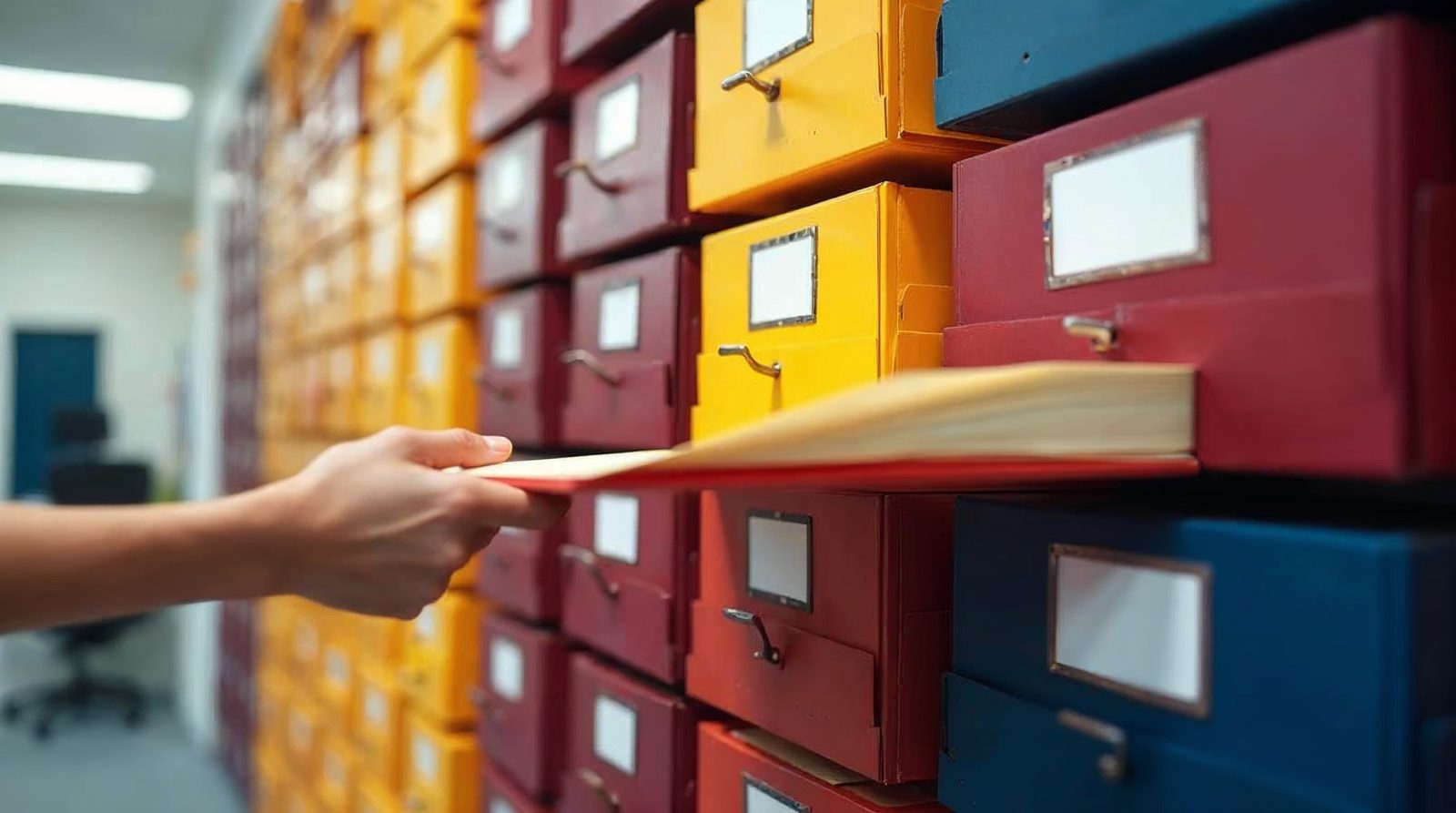 Colorful organized file folders on an office shelf with a hand pulling one out, showing sorted topics