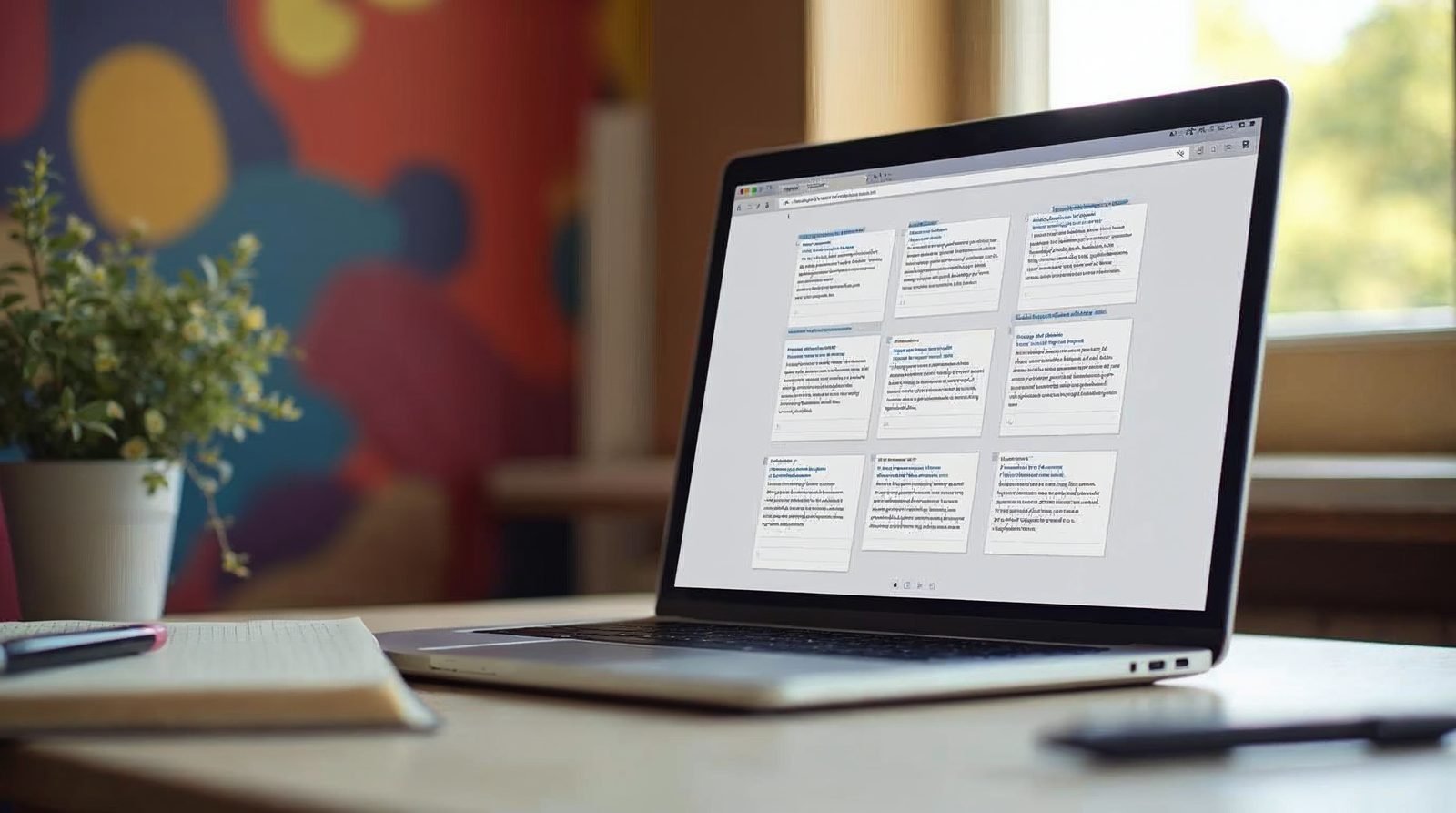 A laptop on a desk showing a tidy list of blog post cards, each with a short summary, for a WordPress site
