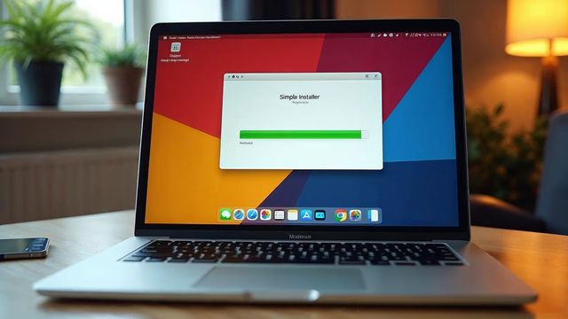 A laptop on a desk showing an installer screen with a nearly full green progress bar and a grid of small app icons