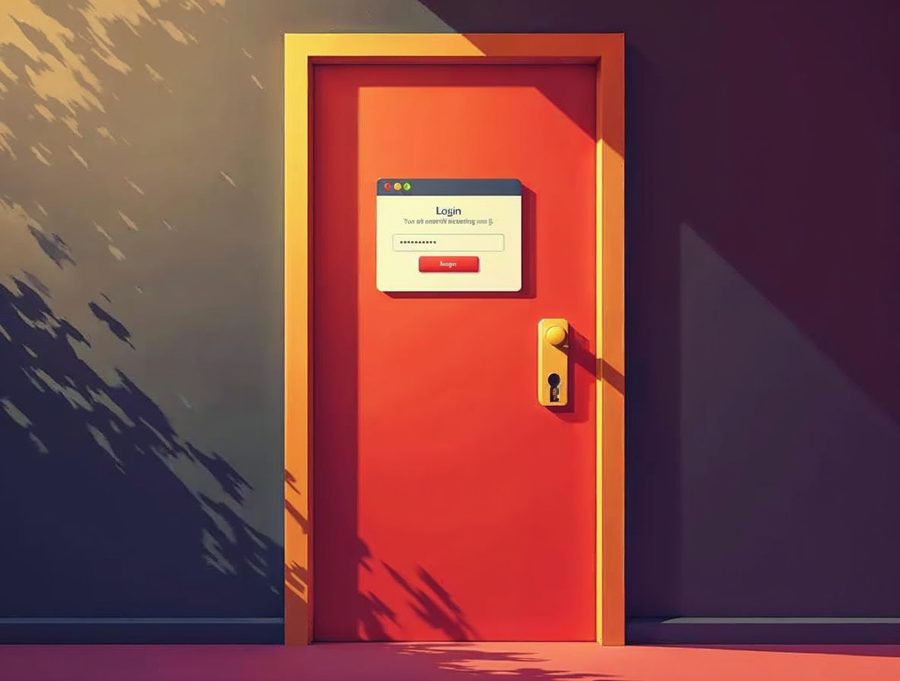 A golden key in a door lock in front of a browser window, showing the login to a new website