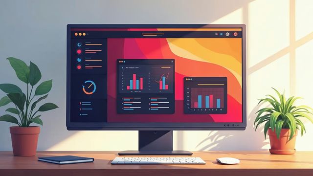 Illustration of a monitor showing a control panel with a dark side menu and colorful chart boxes
