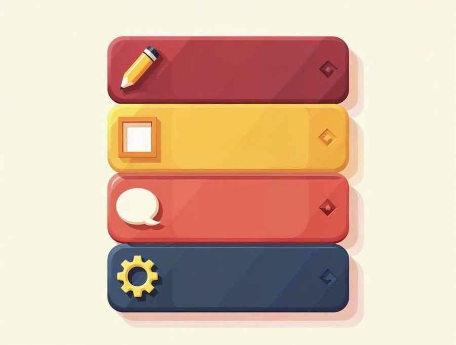 Illustration of a vertical stack of tile buttons with a pencil, picture frame, speech bubble and gear icons