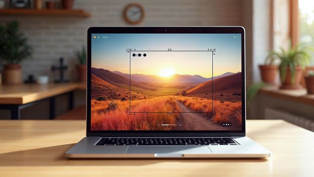 A laptop showing a landscape photo with a dotted crop frame over it and a small toolbar of rotate and flip icons