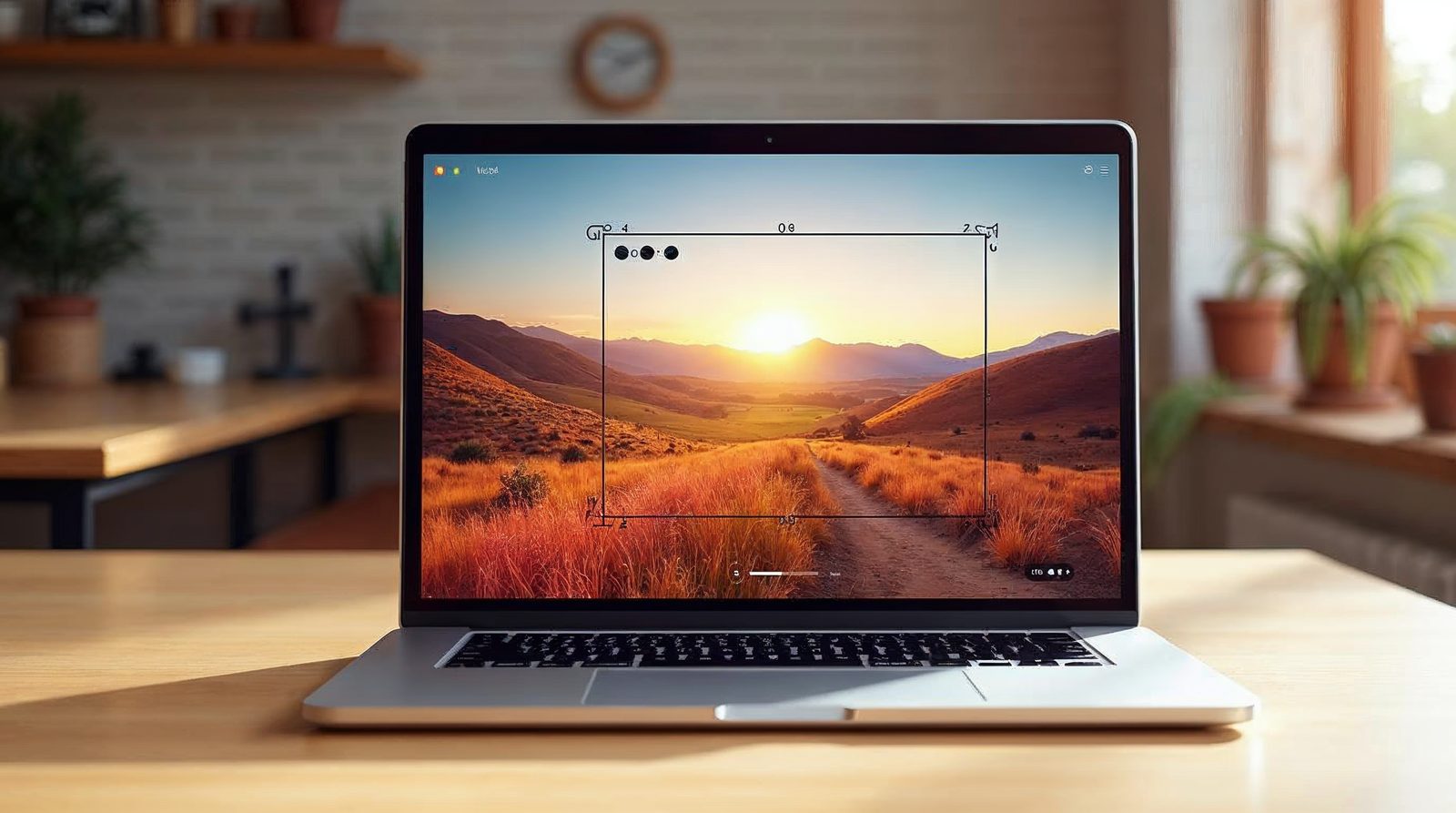 A laptop showing a landscape photo with a dotted crop frame over it and a small toolbar of rotate and flip icons