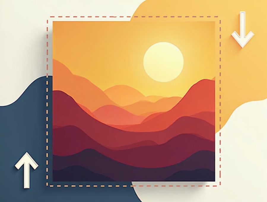 A flat illustration of a photo with a dotted crop frame, a rotate arrow and a flip arrow around its edges