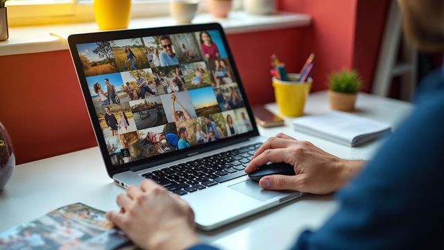 Laptop showing a grid of colorful photo thumbnails with a hand on the mouse and printed photos nearby