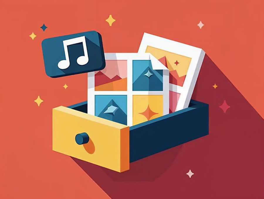 Flat illustration of picture tiles, a document, a music note and a video icon in one open drawer