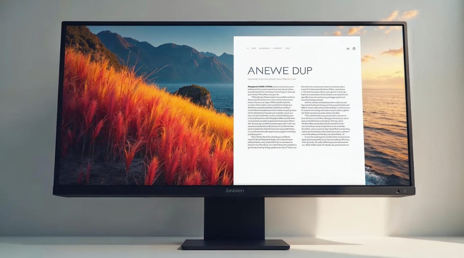 Monitor showing a web page layout with a colorful landscape picture on the left and paragraphs flowing beside it