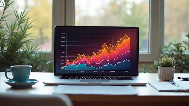 Laptop on a desk showing a rising colorful line chart that stands for search traffic growing over time