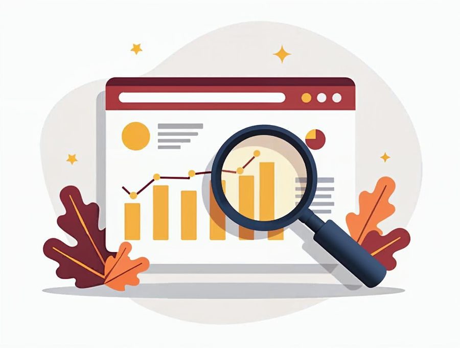 Flat illustration of a magnifying glass over a browser window with a bar chart showing search results data