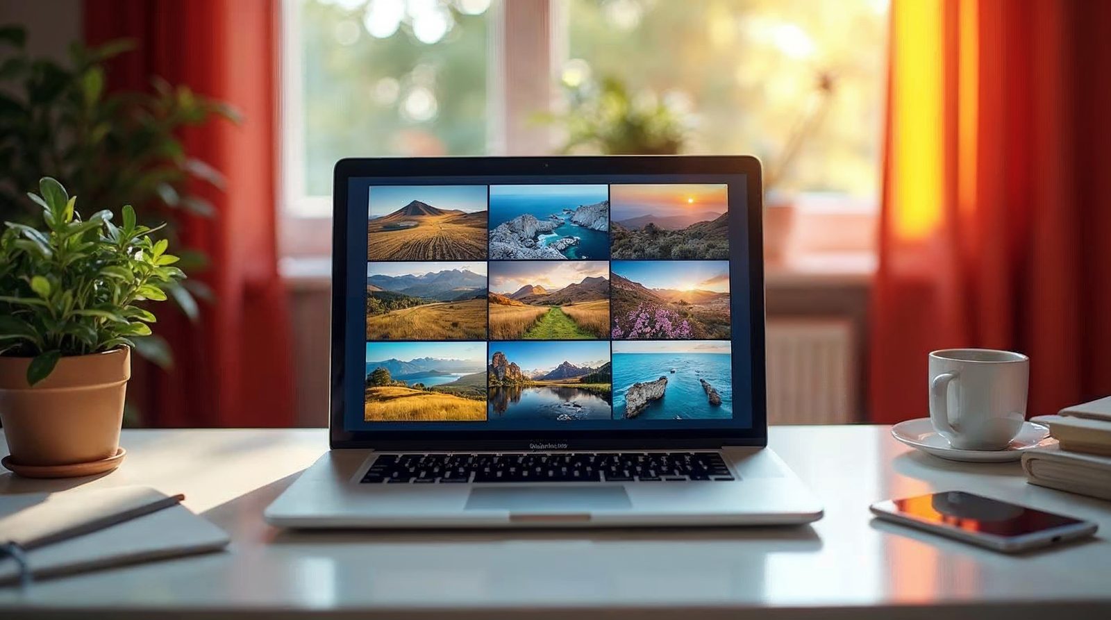 A laptop on a bright desk showing a neat grid of nine colorful landscape photo thumbnails