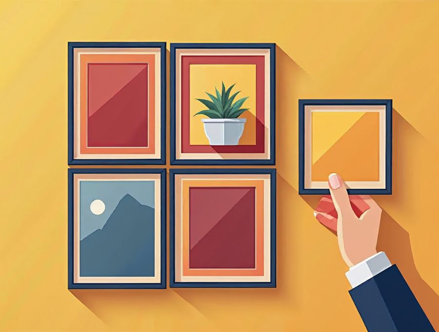 A three by three grid of colorful framed pictures with a hand dragging one frame to a new spot