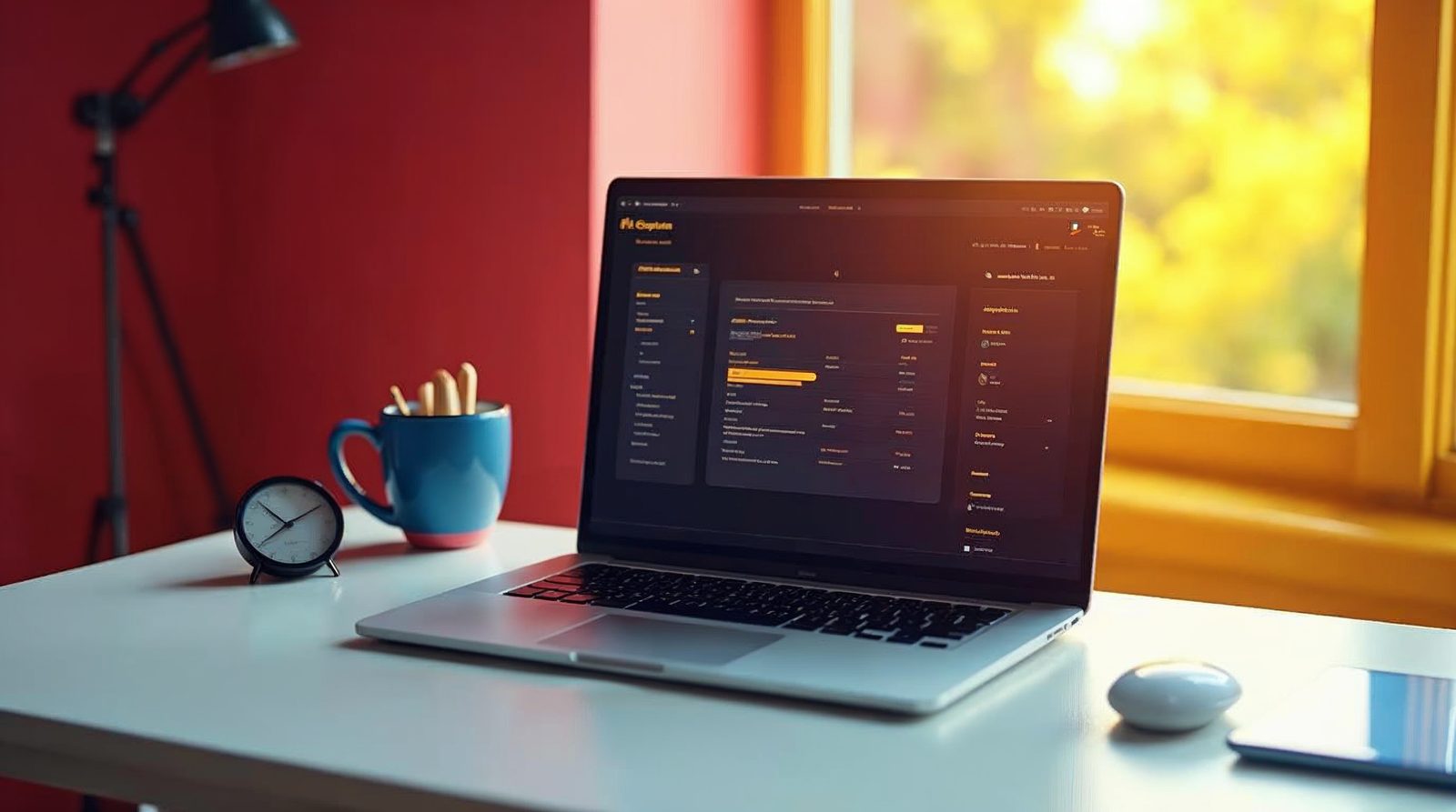 A laptop on a desk with a nearly full progress bar and a new website layout appearing next to a stopwatch