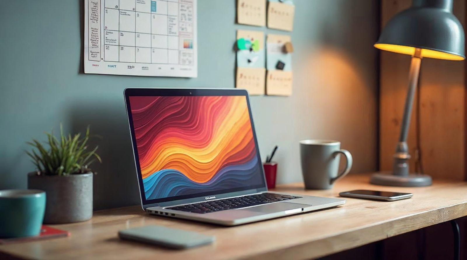 A tidy desk with a laptop showing a web page layout under construction beside a calendar and a coffee mug
