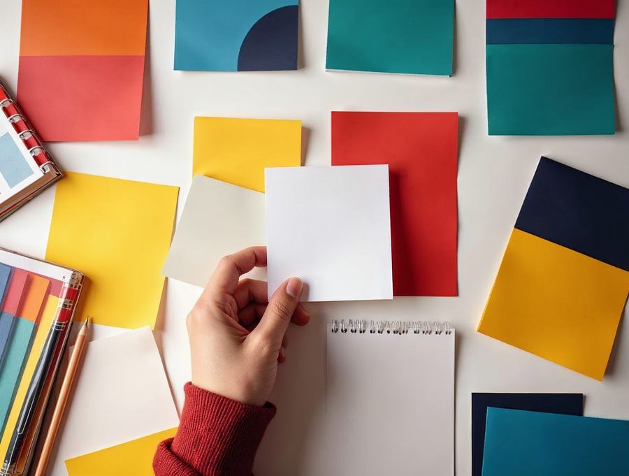 A hand arranging five colorful paper cards in a row on a desk to plan the pages of a new website