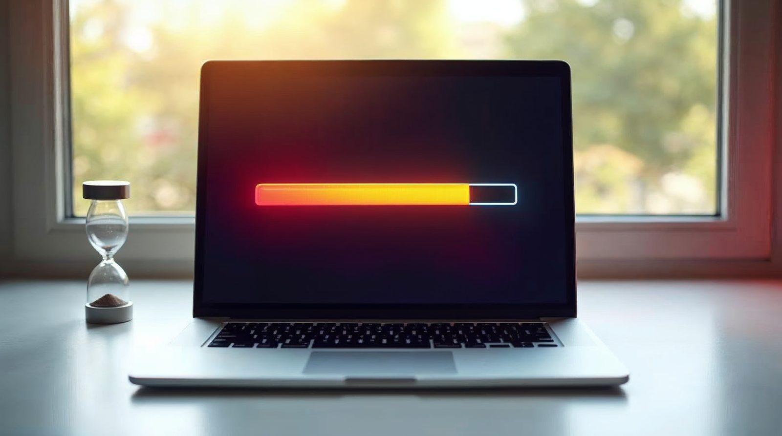 Laptop on a clean desk showing a nearly full progress bar next to a small hourglass, a quick install