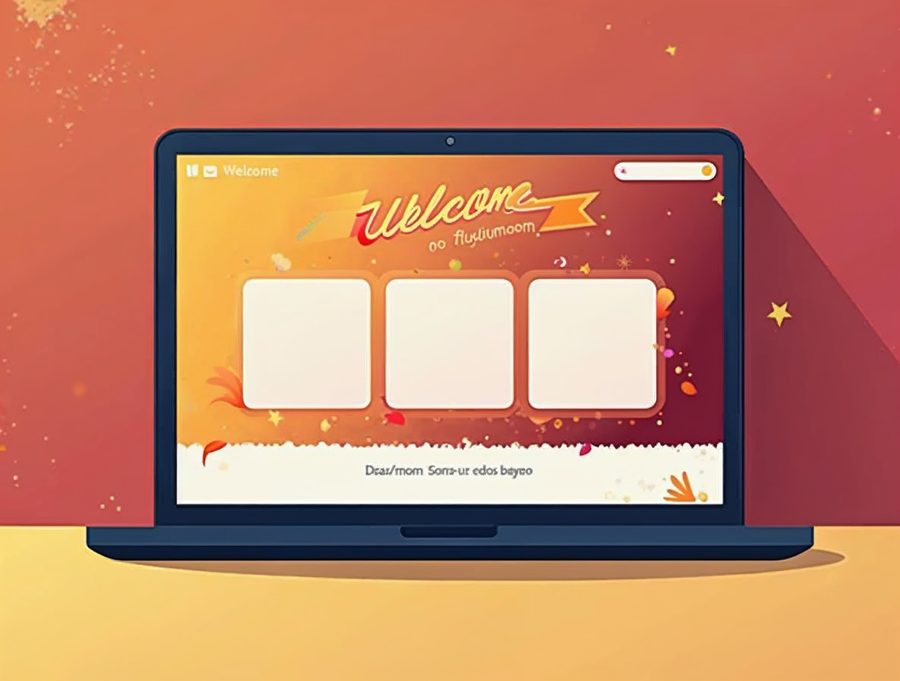 Laptop displaying a new empty website with a welcome banner and blank page cards, ready for content after install