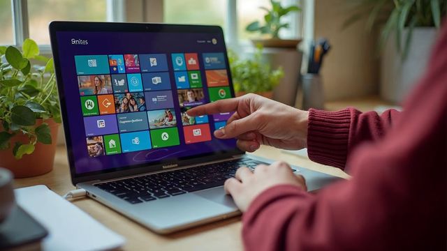 A hand reaching toward a laptop showing a grid of colorful app tiles, representing free one-click installs