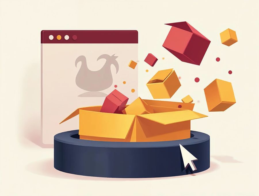 Flat illustration of a cursor clicking a button as small colorful app boxes fly into a browser window